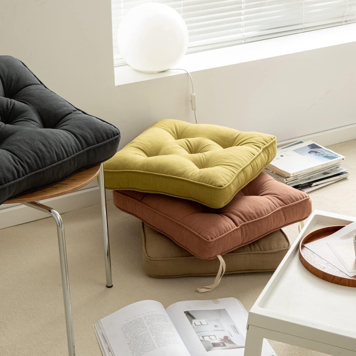 43×43×6cm Linen Cotton Thick Seat Cushion: Plush, Solid-Colour, for Office & Home Chairs, Aussie Comfort Essential(Amber Brown)