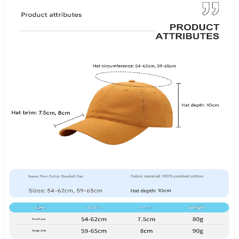 Yellow Premium Pure Cotton Quick-Dry Baseball Cap - Outdoor Sports & Camping Sun Hat, Adjustable Fit(59-65cm)
