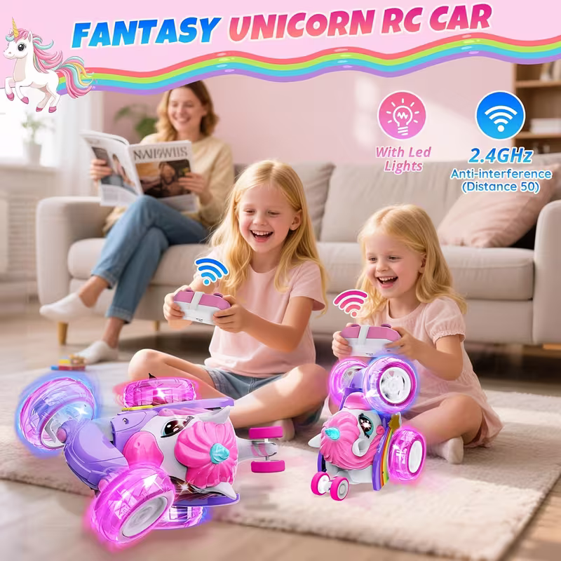 Unicorn remote control car for girls, 360° rotating four-wheel drive stunt remote control car with cute lights, rechargeable toy - children's birthday gift