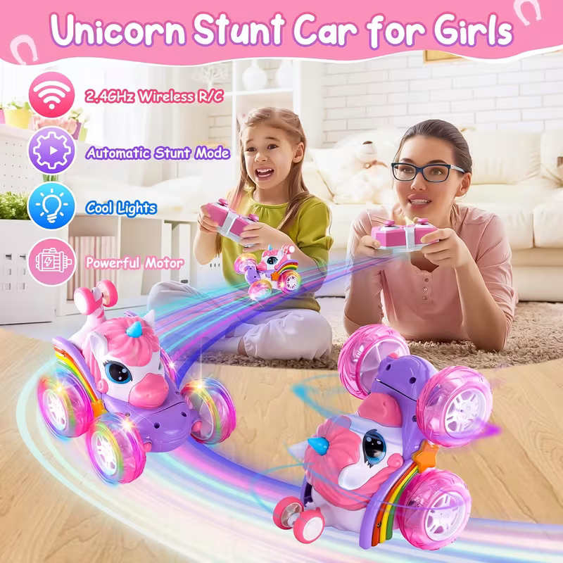 Unicorn remote control car for girls, 360° rotating four-wheel drive stunt remote control car with cute lights, rechargeable toy - children's birthday gift