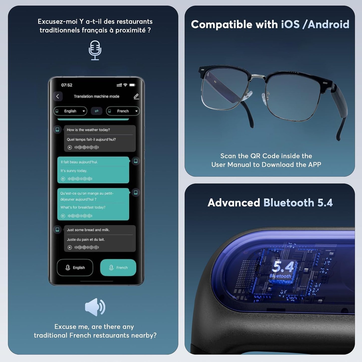 AI Smart Translation Glasses: 110+ Languages, Photochromic Lenses, Bluetooth – Ideal for Travel, Business & Daily Use（black）