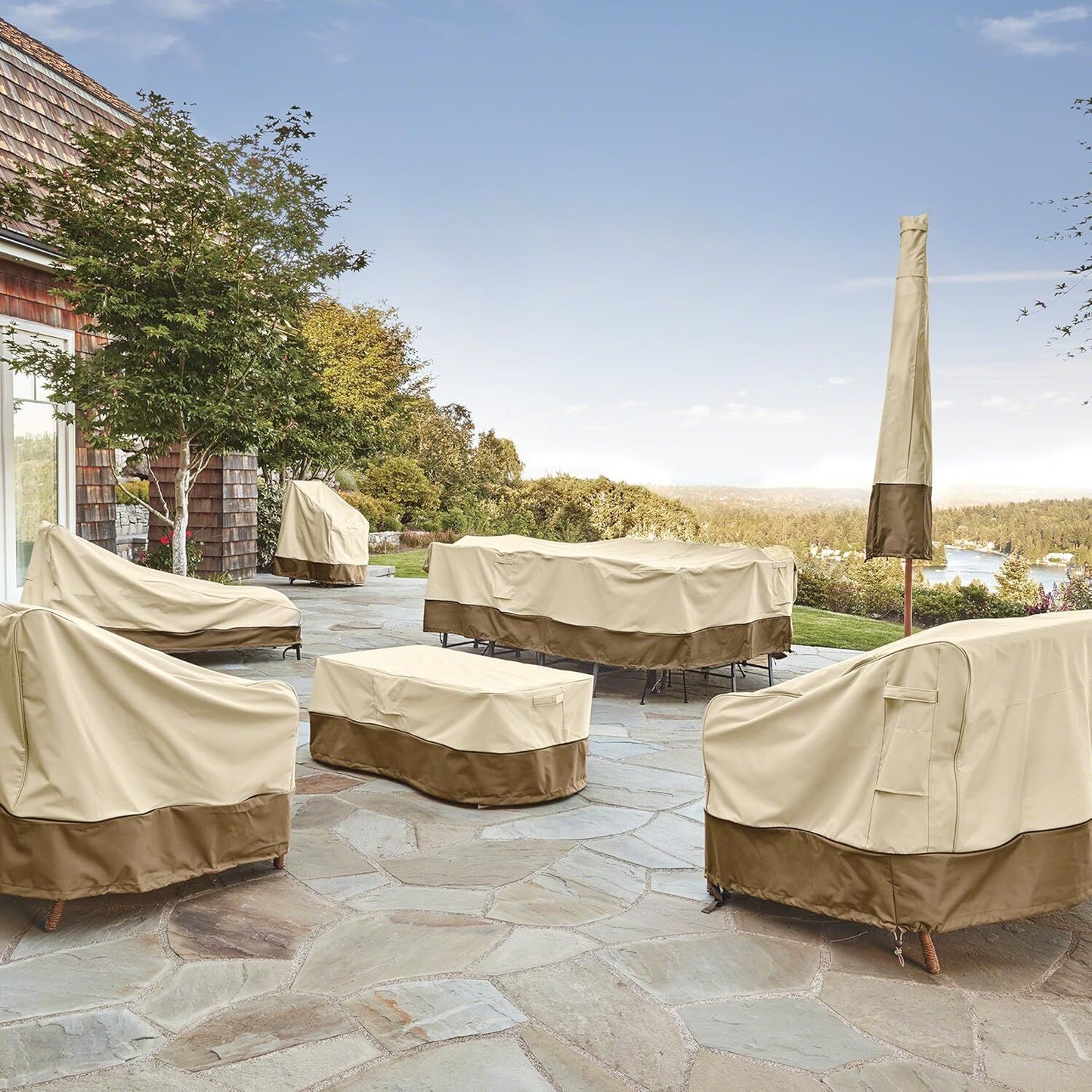 Patio Table & Chair Cover with Umbrella Hole: Water-Resistant Outdoor Furniture Cover for Rectangular/Oval Garden Sets (274x208x58 cm LxWxH)