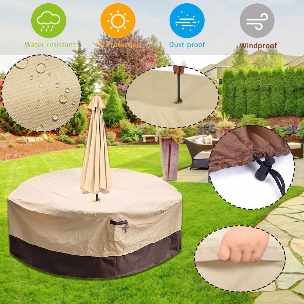 Round Patio Furniture Cover with Umbrella Hole: Waterproof 4-Season Protector for Garden, Balcony Table & Chair Sets(180x60 cm LxH)