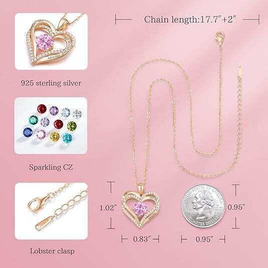 Forever Love Heart Birthstone Necklace: 925 Sterling Silver Personalized Jewelry for Mom, Wife, Friend with 12 Month Stone Options（pink diamond,October）
