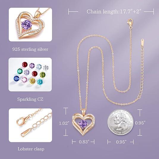Forever Love Heart Birthstone Necklace: 925 Sterling Silver Personalized Jewelry for Mom, Wife, Friend with 12 Month Stone Options（purple diamond,February）