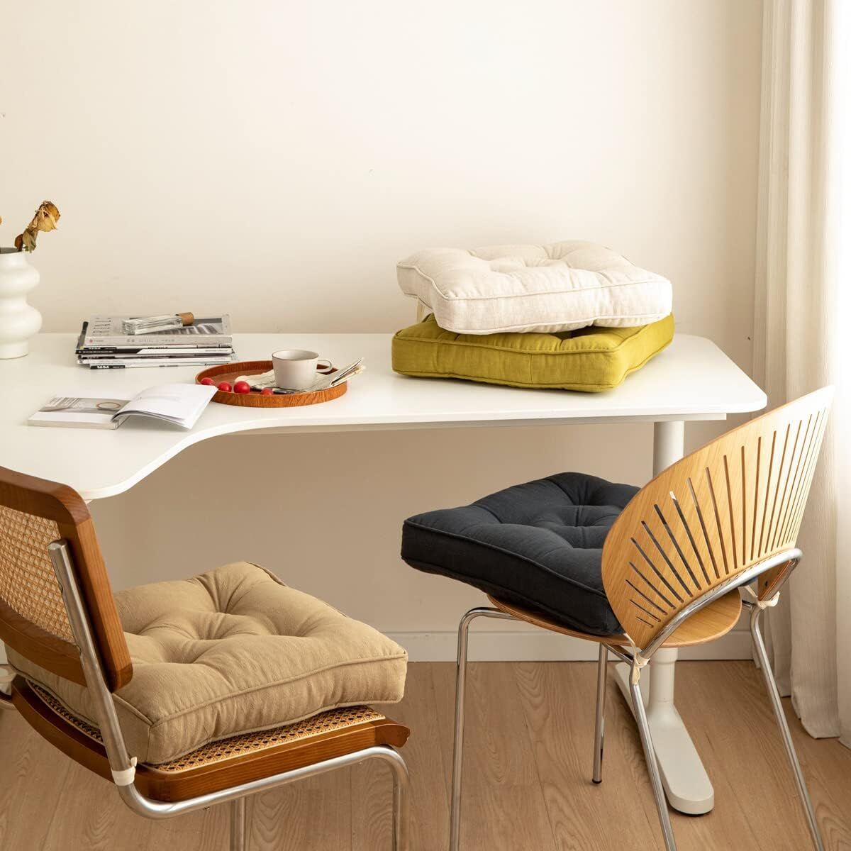 43×43×6cm Linen Cotton Thick Seat Cushion: Plush, Solid-Colour, for Office & Home Chairs, Aussie Comfort Essential（Bean Coffee）