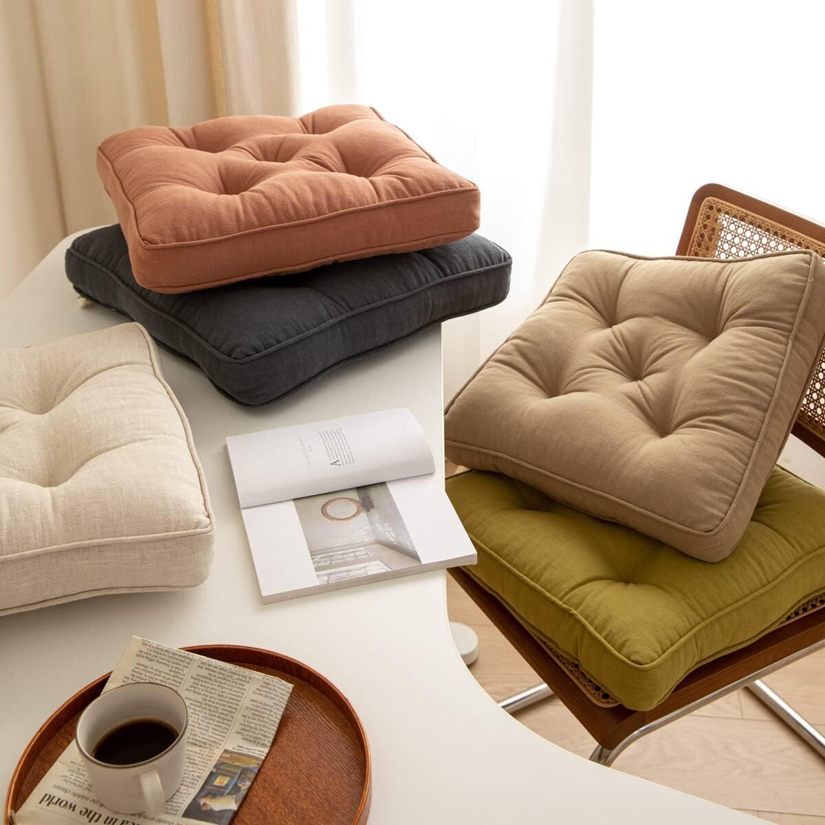 43×43×6cm Linen Cotton Thick Seat Cushion: Plush, Solid-Colour, for Office & Home Chairs, Aussie Comfort Essential（Bean Coffee）