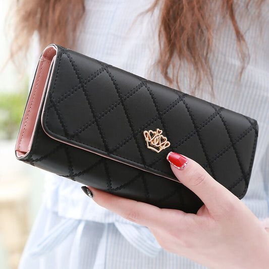 Christmas gift Women's Quilted Leather Wallet, Stylish Long Clutch with Heart Accent, for Cards & Cash Organization（black）