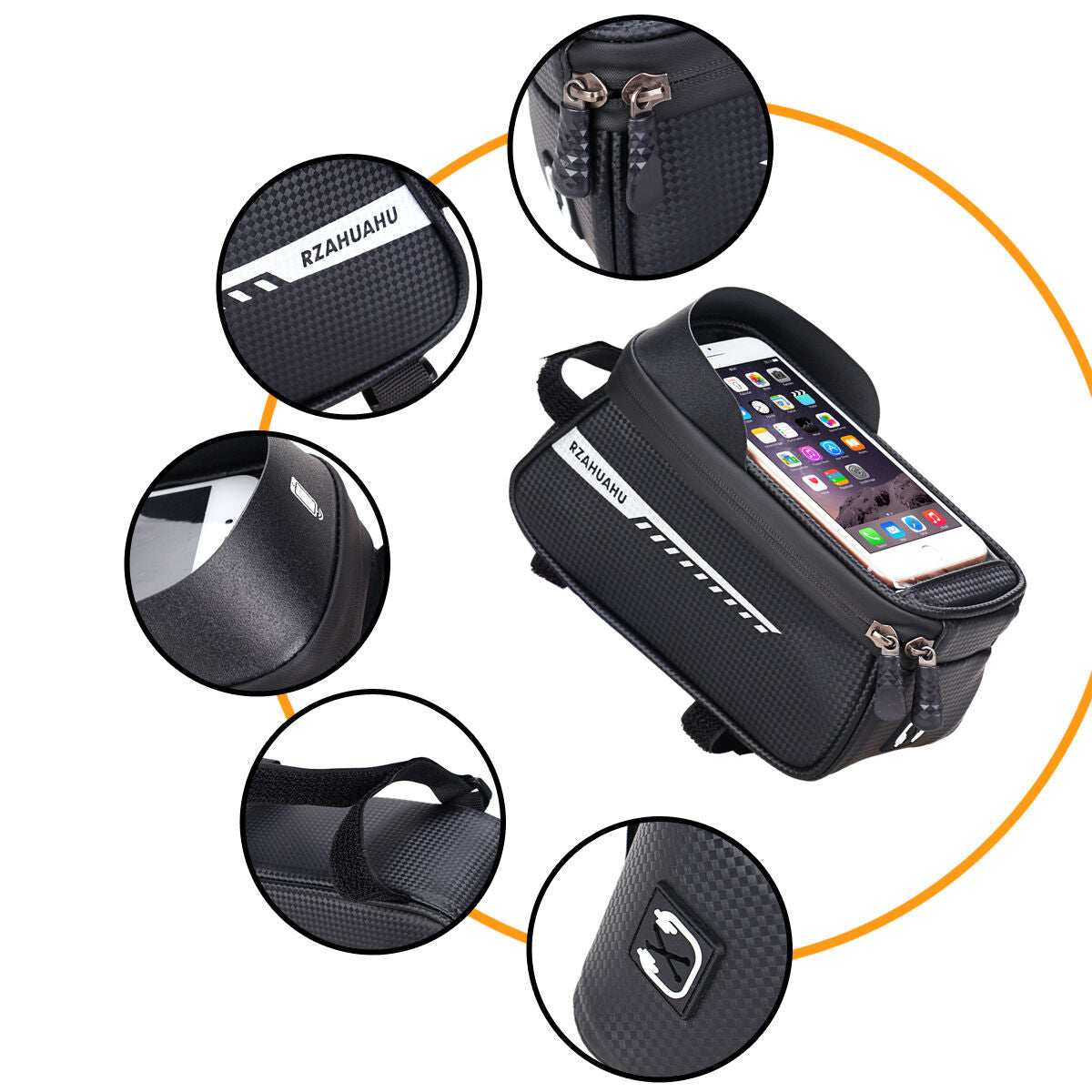 Black Waterproof Bike Frame Bag with Touchscreen & Reflective Details: 6.5" Phone Compatibility, Aussie Cyclist Essential