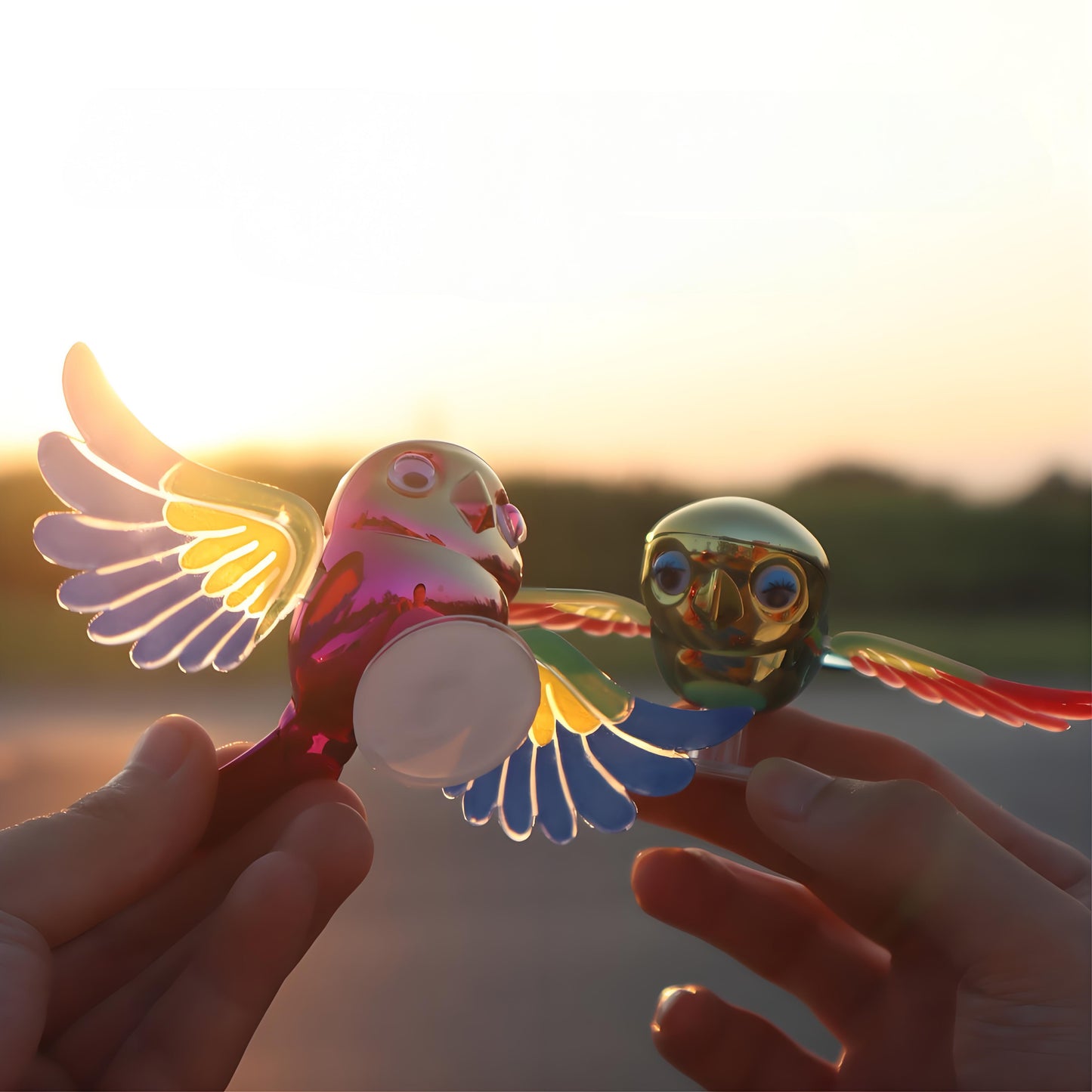 30km/h Wing-Flapping Car Bird Decoration (2-Pack): Red & Blue Wing Ornaments with Strong Adhesive for Car, Mirror, Motorcycle, Helmet
