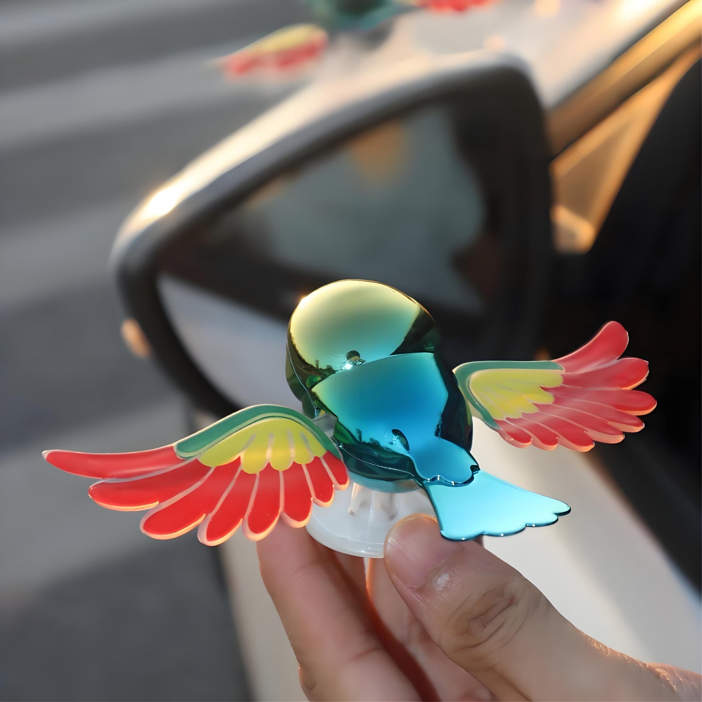 30km/h Wing-Flapping Car Bird Decoration (2-Pack): Red & Blue Wing Ornaments with Strong Adhesive for Car, Mirror, Motorcycle, Helmet