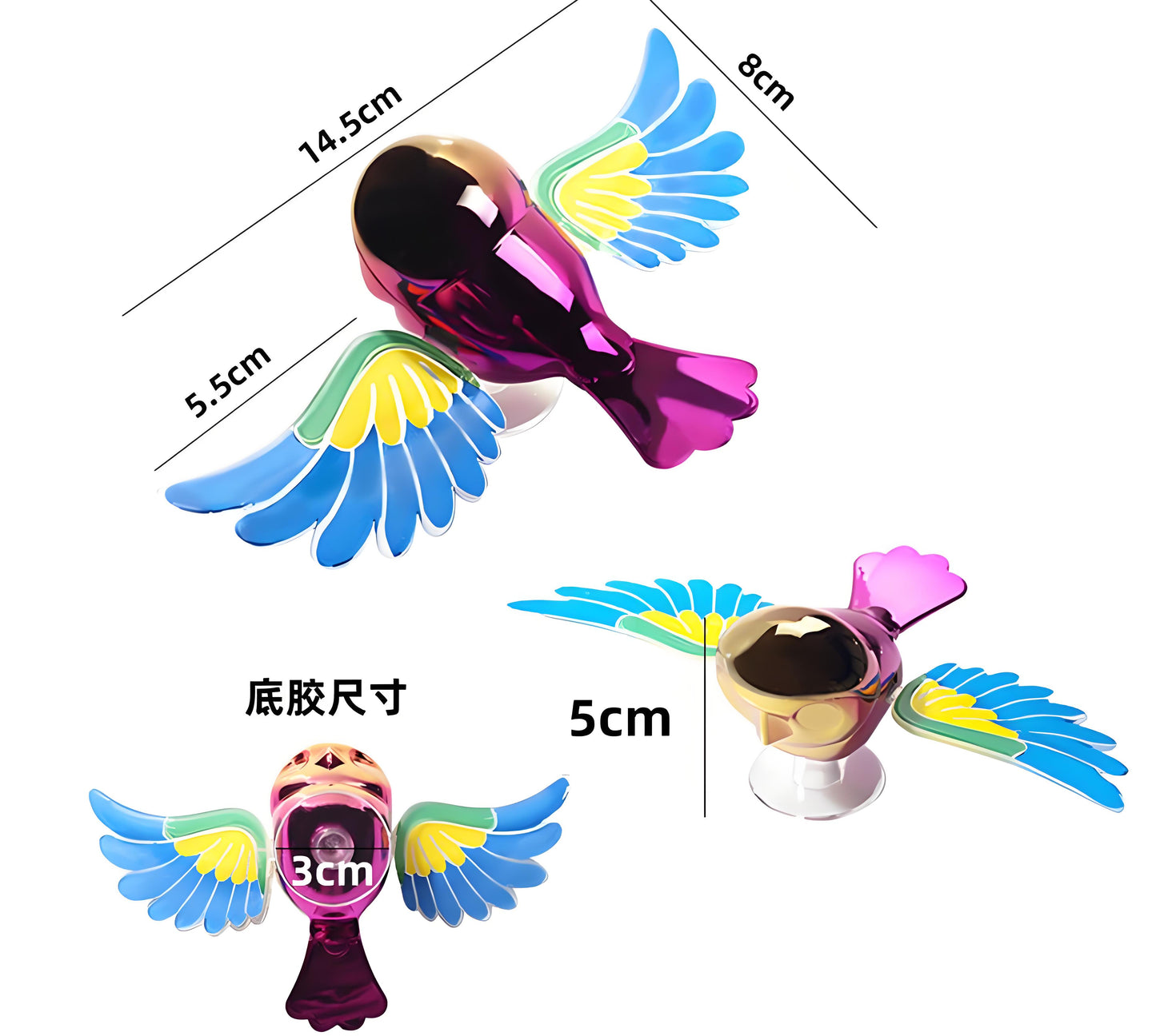 30km/h Wing-Flapping Car Bird Decoration (2-Pack): Red & Blue Wing Ornaments with Strong Adhesive for Car, Mirror, Motorcycle, Helmet