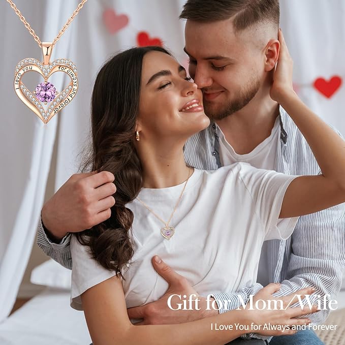 18K Rose Gold Necklaces for Women, 925 Sterling Silver Gifts for Mothers Day, Jewelry for Wife Mom Her Girlfriend, Birthstone Diamond Necklace for Birthday Anniversary, Heart Pendant Jewelry-FEB