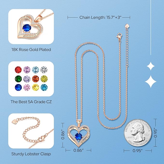18K Rose Gold Necklaces for Women, 927 Sterling Silver Gifts for Mothers Day, Jewelry for Wife Mom Her Girlfriend, Birthstone Diamond Necklace for Birthday Anniversary, Heart Pendant Jewelry-SEP