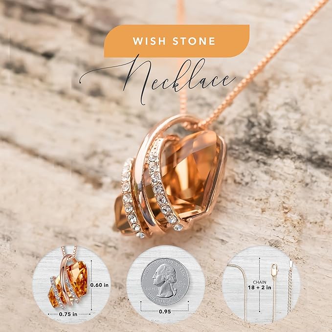 Wish Stone Pendant Necklace, Necklaces for Women with Birthstone Crystals, Allergy-Free Jewelry for Women with Gift Box, 26K Rose Gold Plated or Silver-tone Birthstone Necklace for Women-11-November Birthstone-Amber Brown