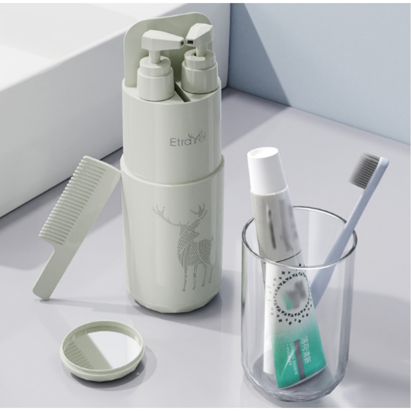 Green Deluxe 8-in-1 Travel Toiletry Set - Portable All-in-One Toothbrush Holder, Wash Cup, Towel and 2 * Refill Bottles for Travel & Camping