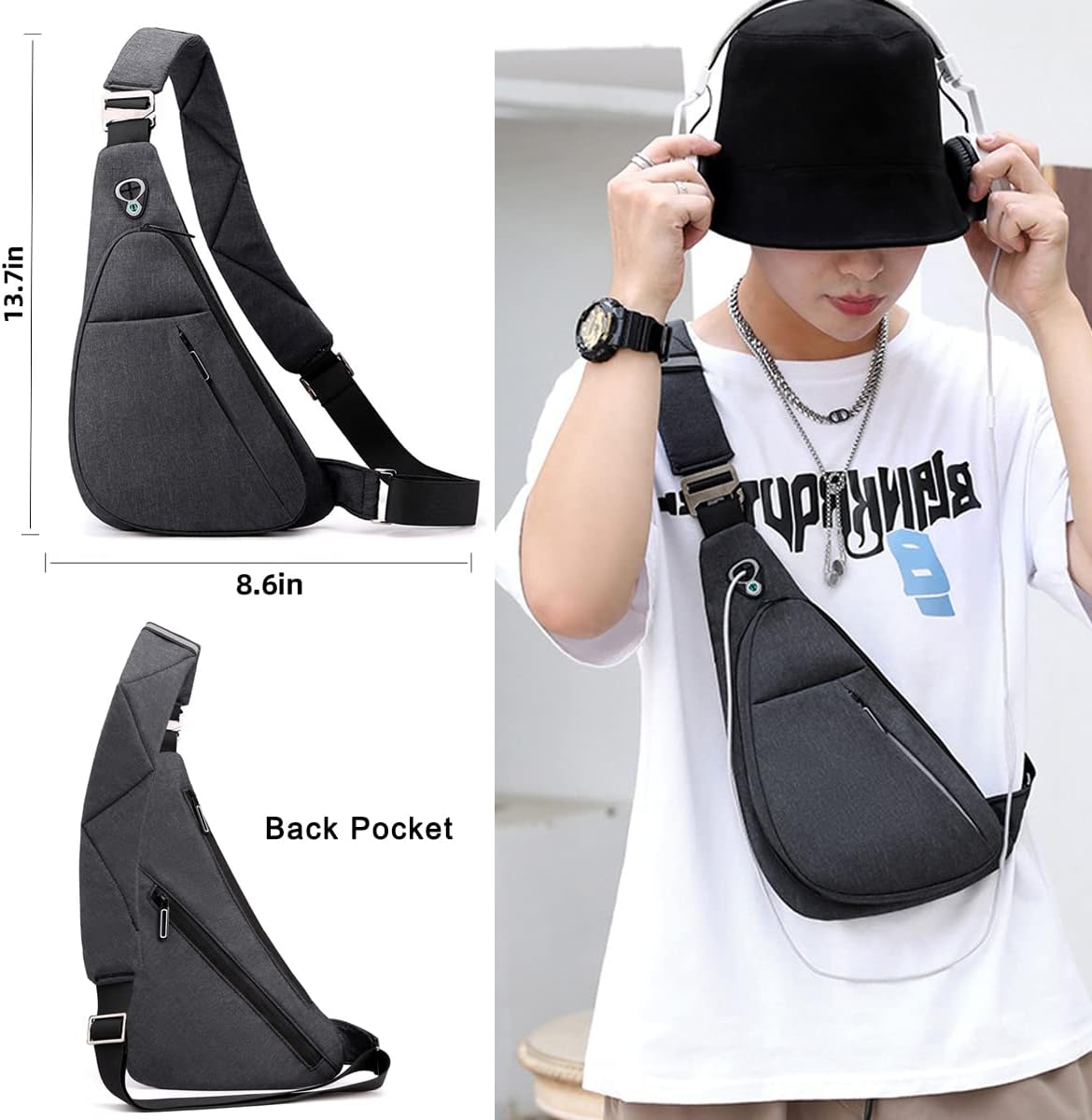 Black left shoulder New Men's Reflective Crossbody Sling Bag - Casual Commuter Shoulder Chest Pack for Daily Essentials