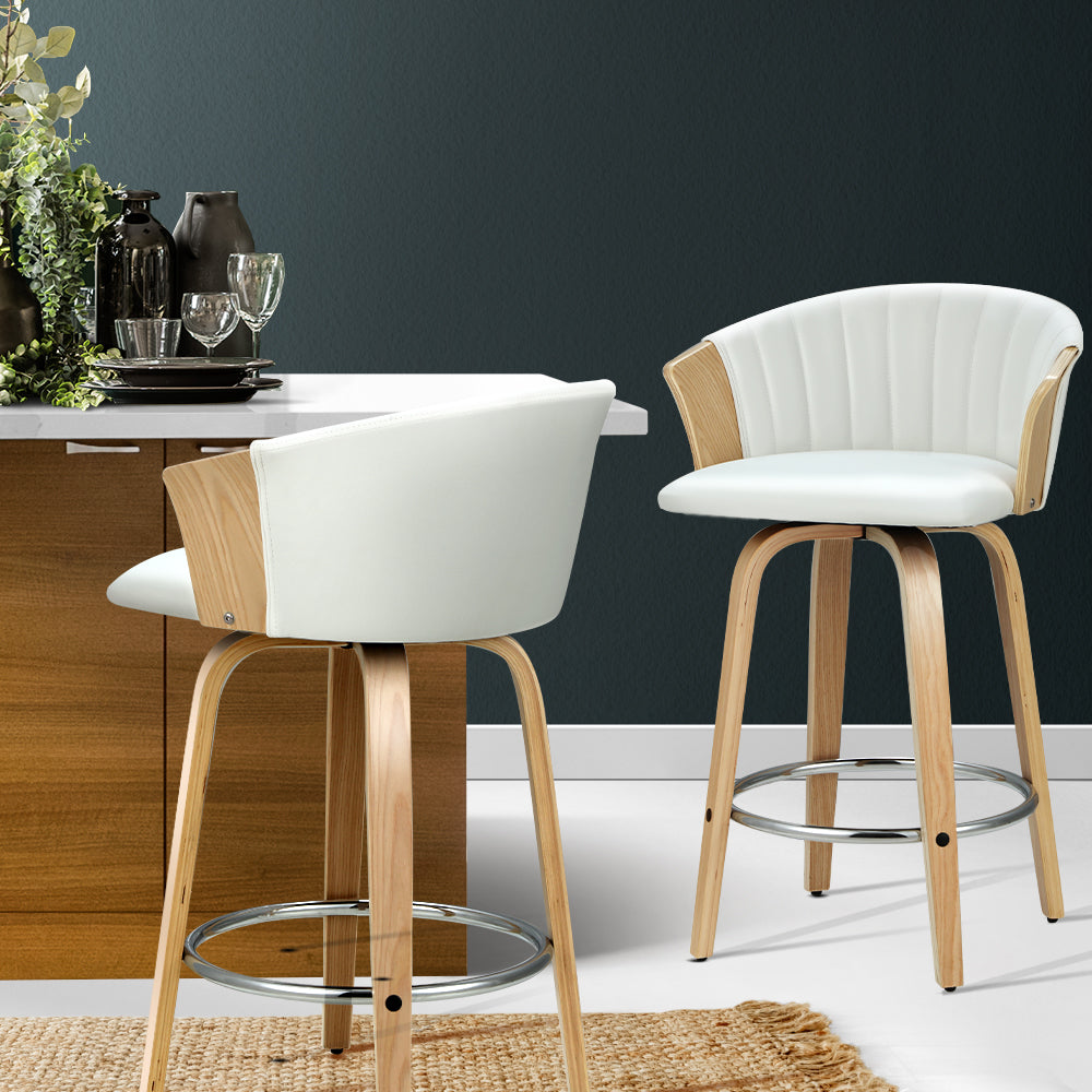 Artiss Set of 2 Bar Stools Kitchen Stool Wooden Chair Swivel Chairs Leather White