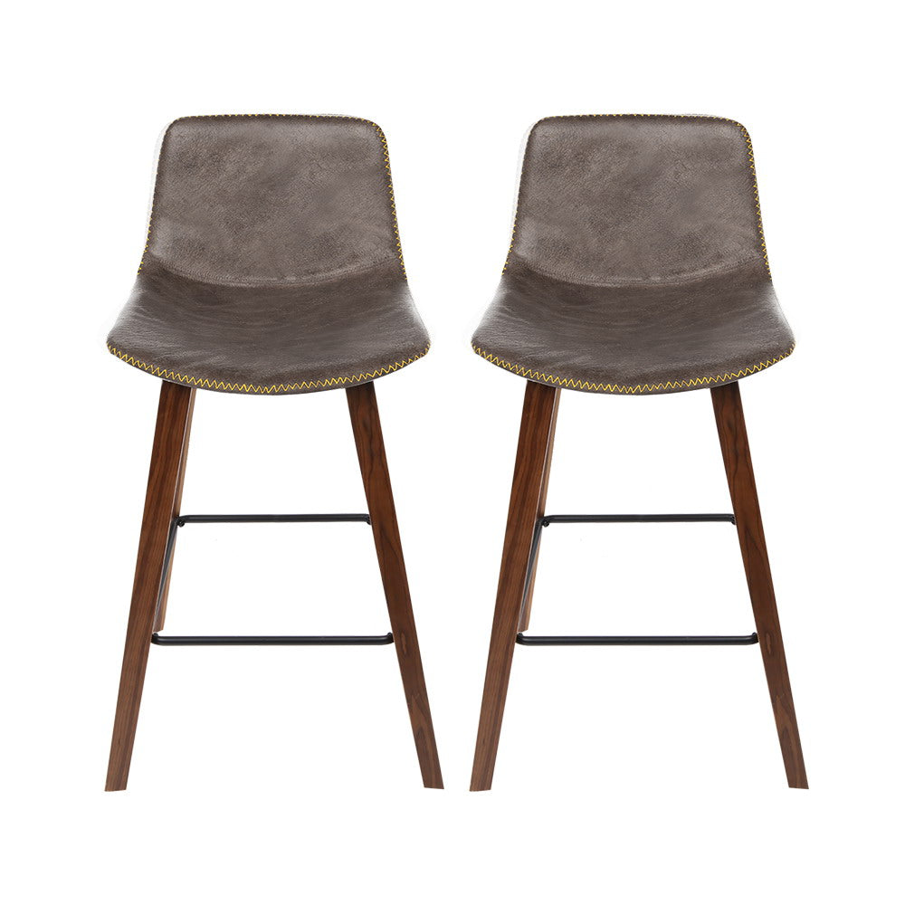 Artiss Set of 2 PU Leather Bar Stools Square Footrest - Wood and Brown