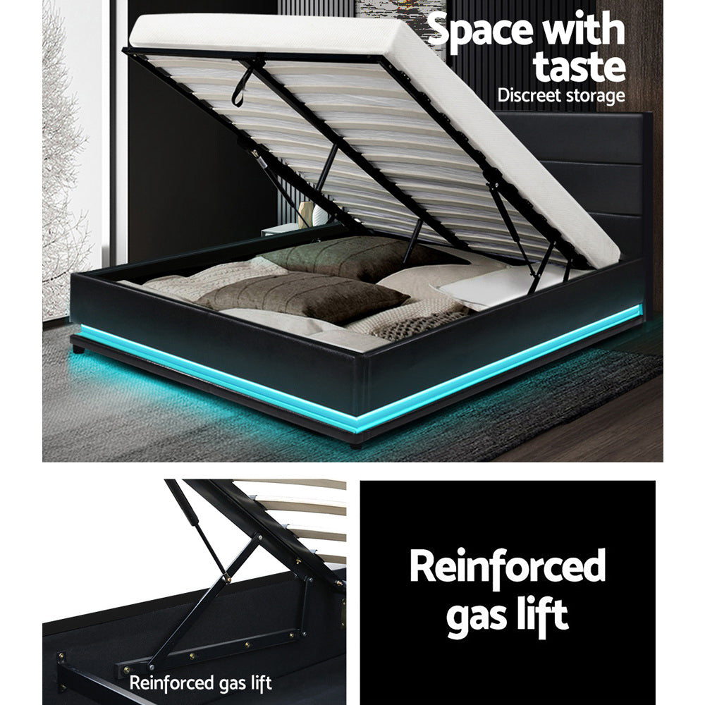 Artiss Lumi LED Bed Frame PU Leather Gas Lift Storage - Black Queen