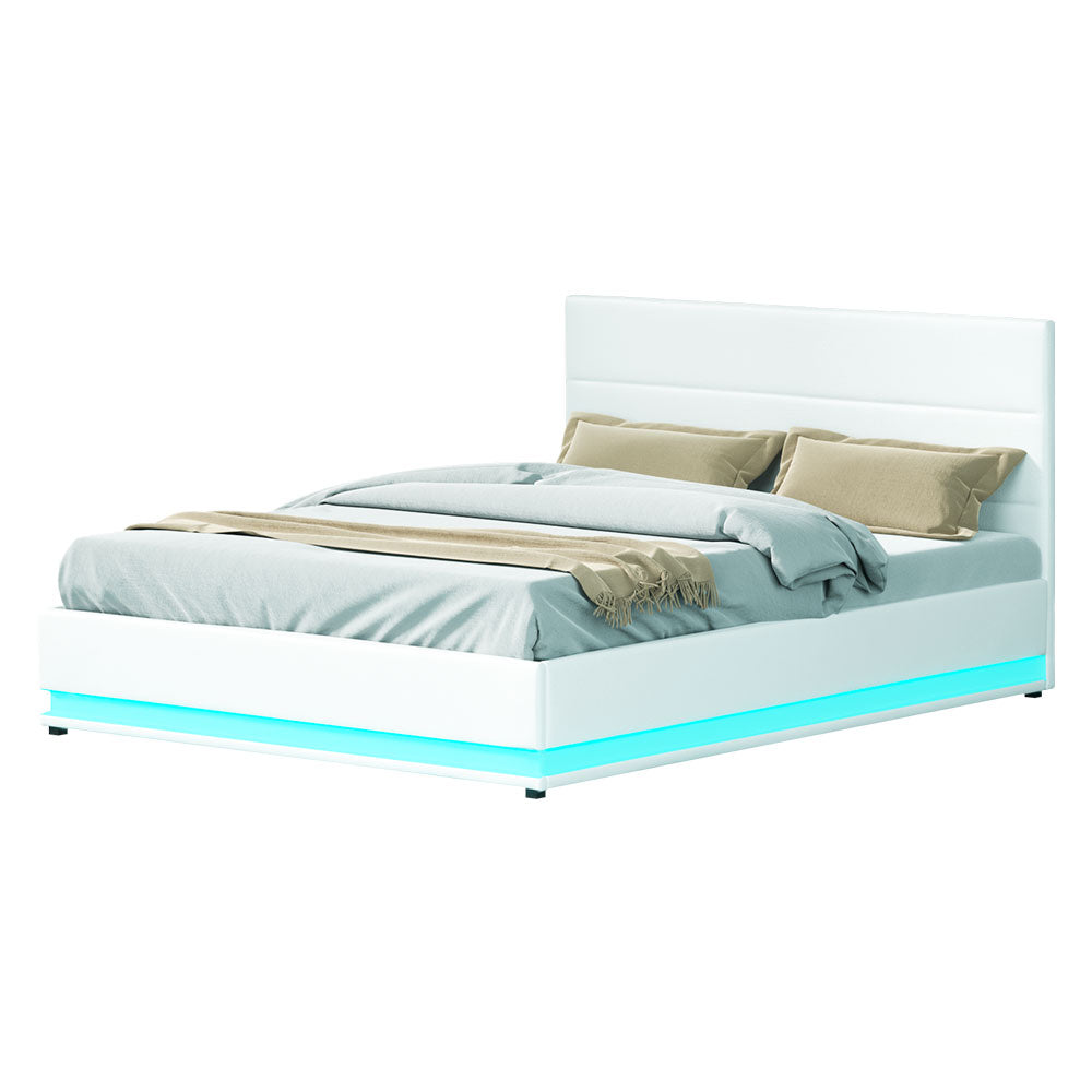 Artiss Lumi LED Bed Frame PU Leather Gas Lift Storage - White Queen