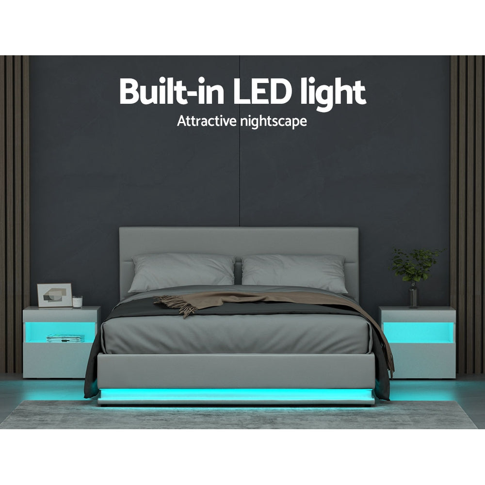 Artiss Lumi LED Bed Frame PU Leather Gas Lift Storage - White Queen