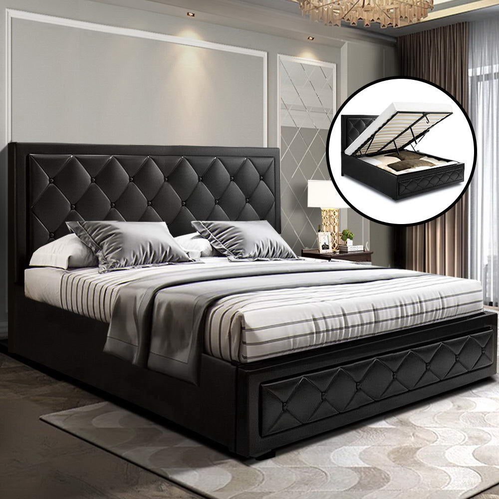 Artiss Bed Frame Double Size Gas Lift Base With Storage Black Leather Tiyo Collection