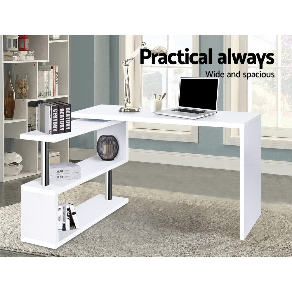 Artiss Rotary Corner Desk with Bookshelf - White