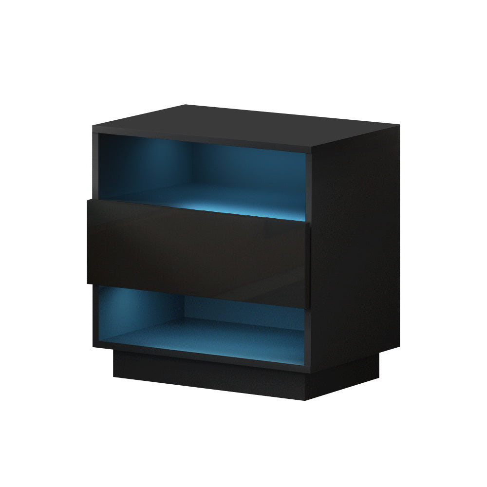 Artiss Bedside Tables Side Table RGB LED Drawers Nightstand High Gloss Black