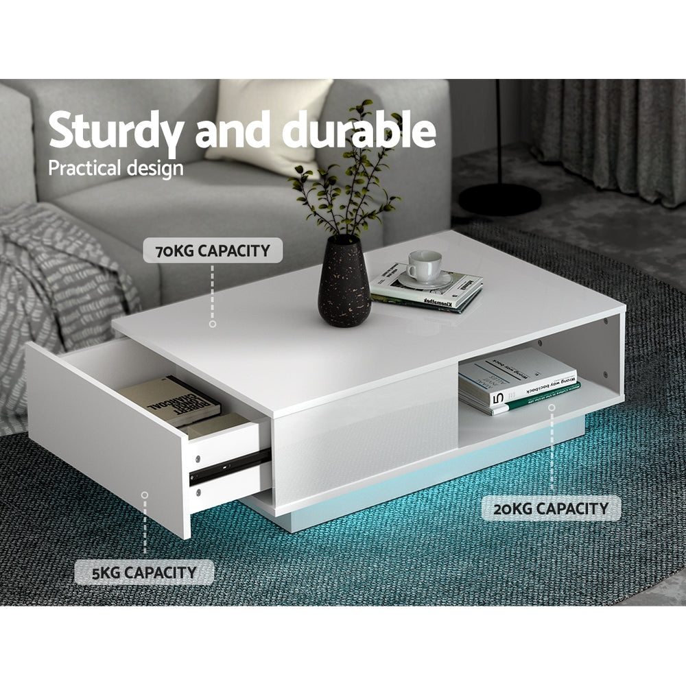 Artiss Coffee Table LED Lights High Gloss Storage Drawer Modern Furniture White