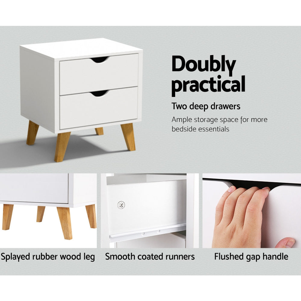 Artiss 2 Drawer Wooden Bedside Tables - White