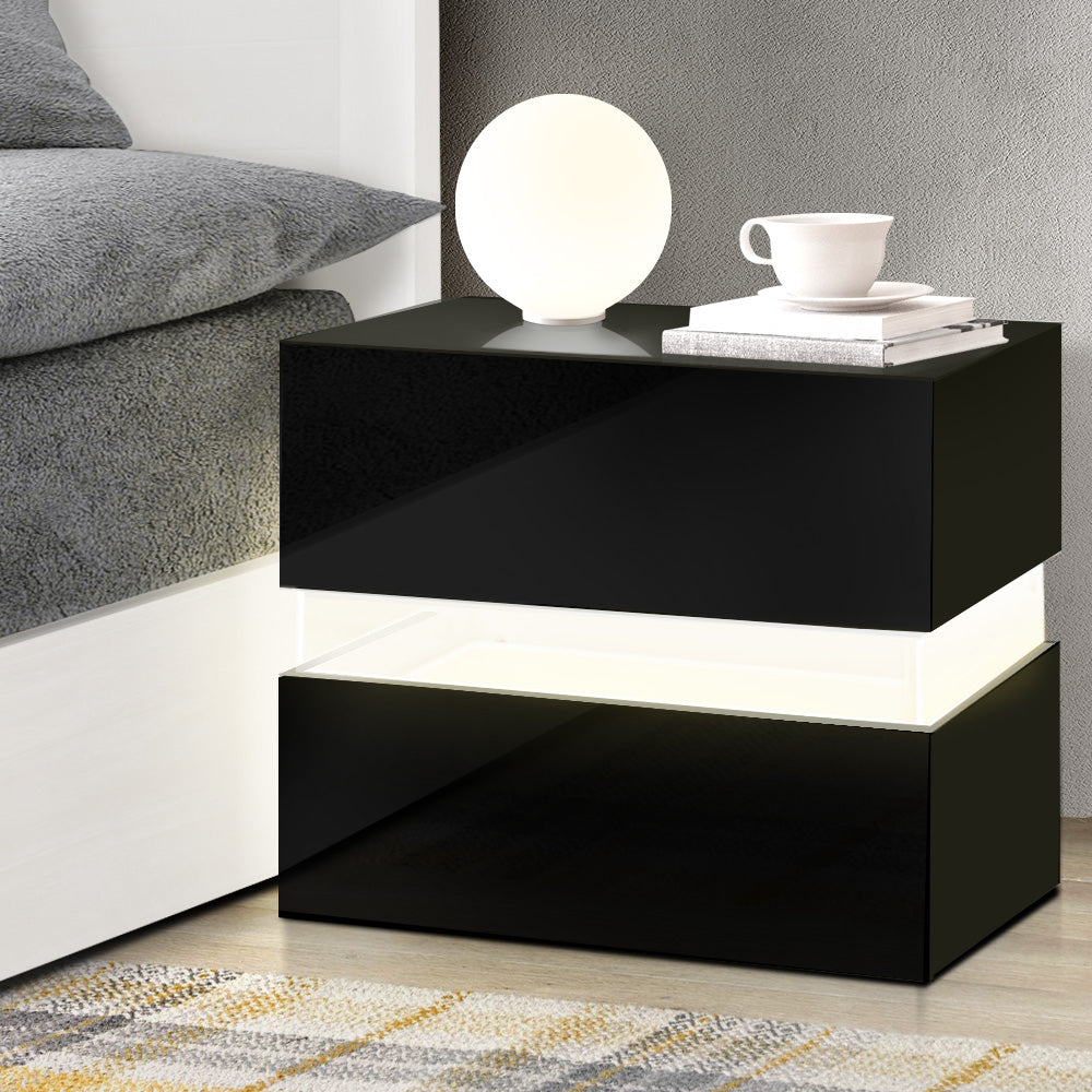 Artiss Bedside Table 2 Drawers RGB LED Side Nightstand High Gloss Cabinet Black