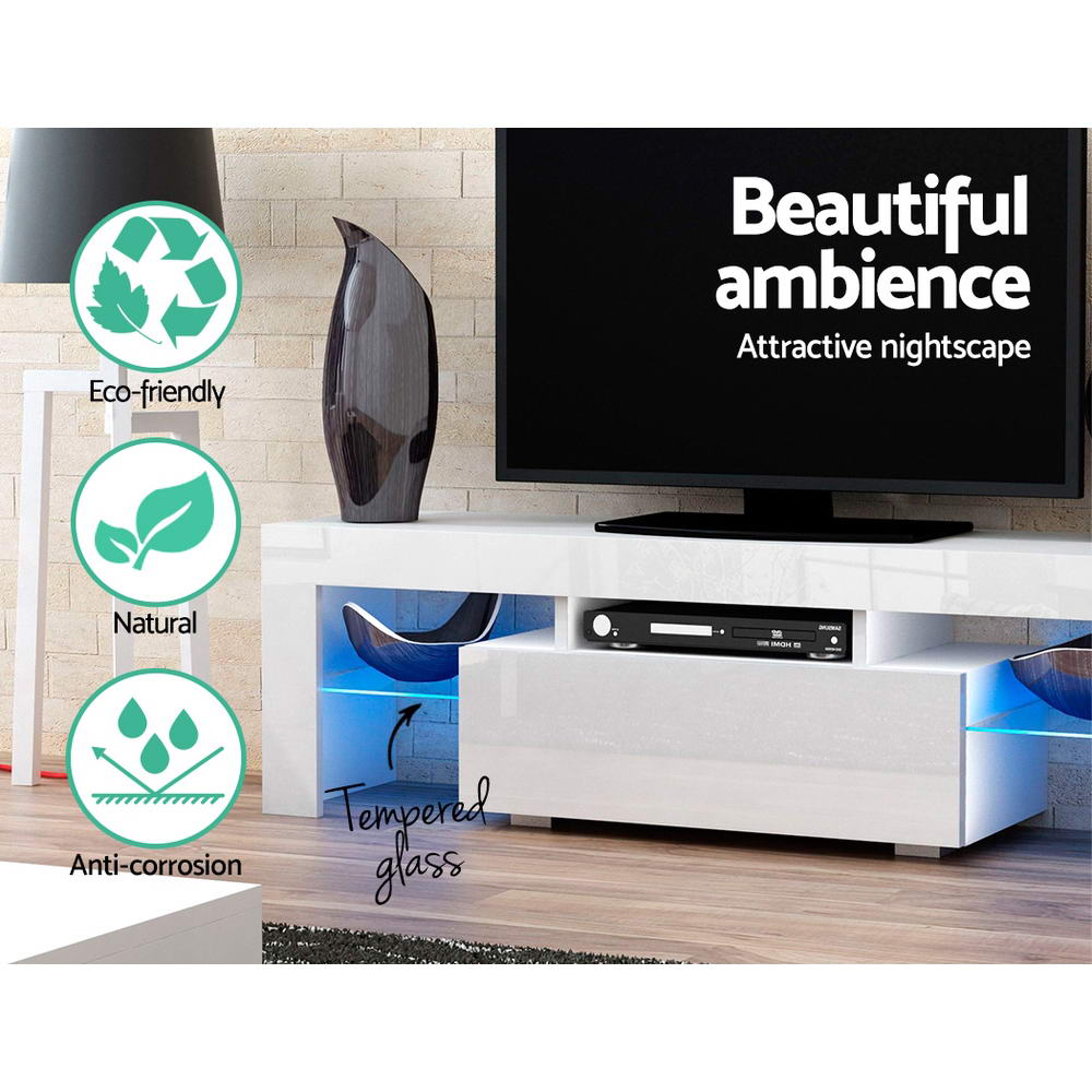 Artiss 130cm RGB LED TV Stand Cabinet Entertainment Unit Gloss Furniture Drawer Tempered Glass Shelf White