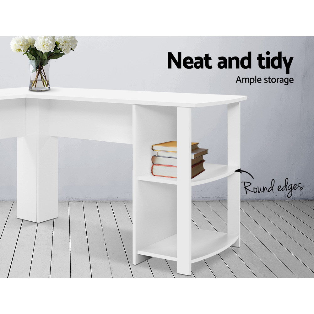 Artiss Office Computer Desk Corner Student Study Table Workstation L-Shape Shelf White