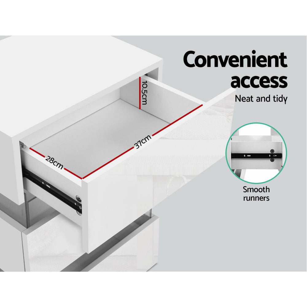 Artiss Bedside Tables Side Table RGB LED Lamp 3 Drawers Nightstand Gloss White