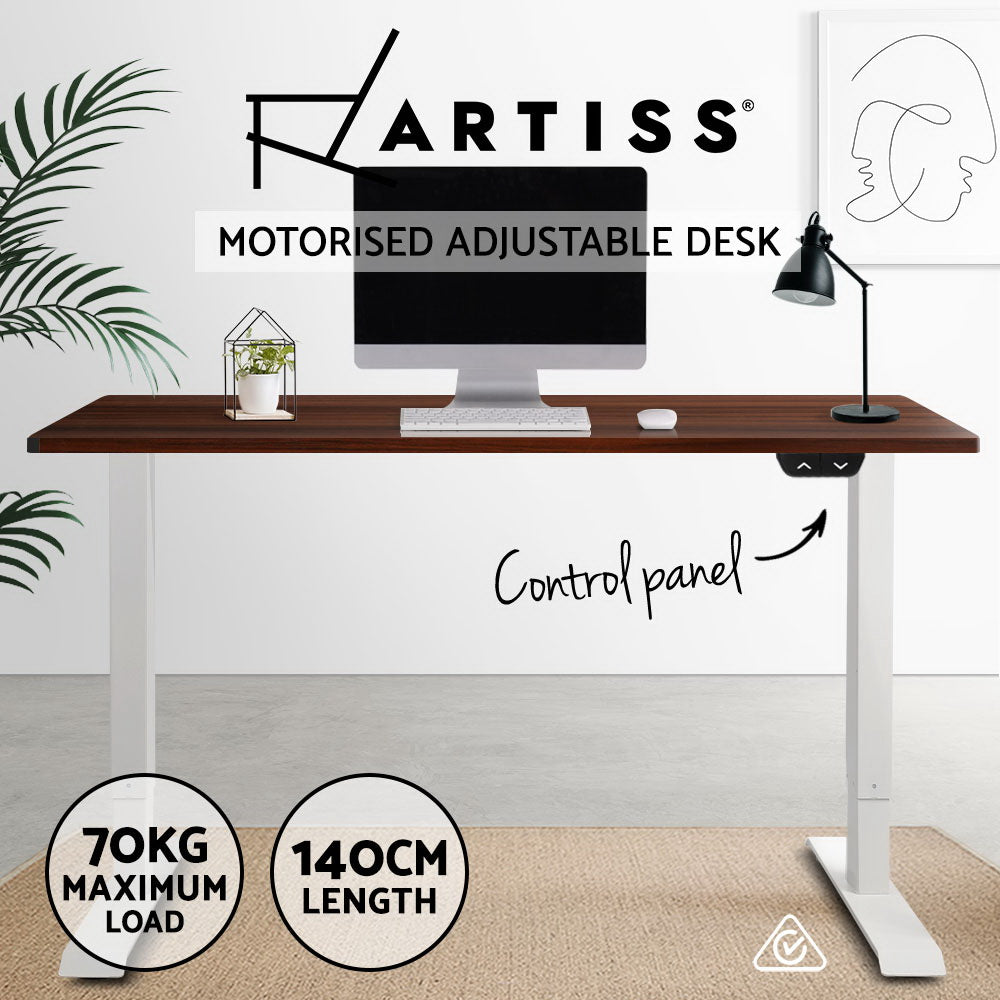 Artiss Standing Desk Adjustable Height Desk Electric Motorised White Frame Walnut Desk Top 140cm