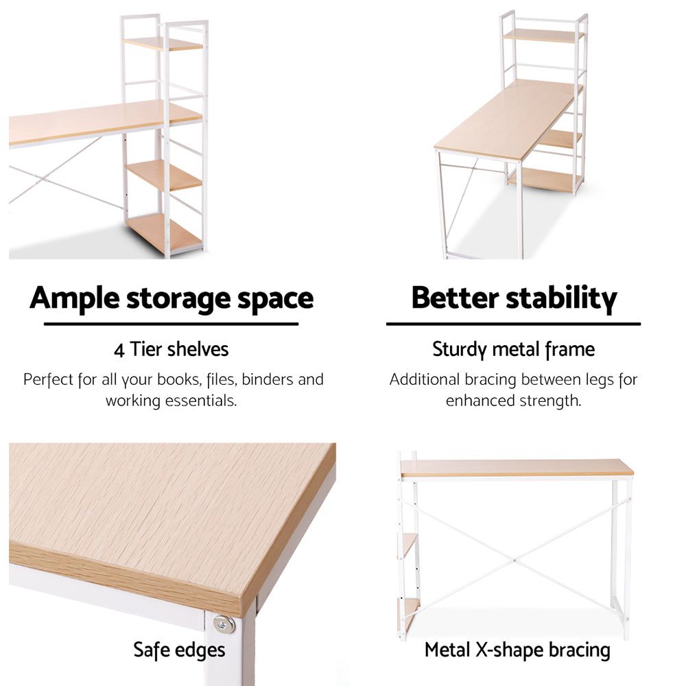 Artiss Metal Desk with Shelves - White with Oak Top