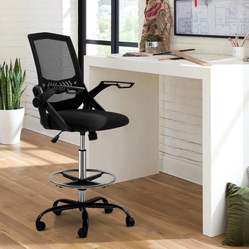 Artiss Office Chair Veer Drafting Stool Mesh Chairs Flip Up Armrest Black